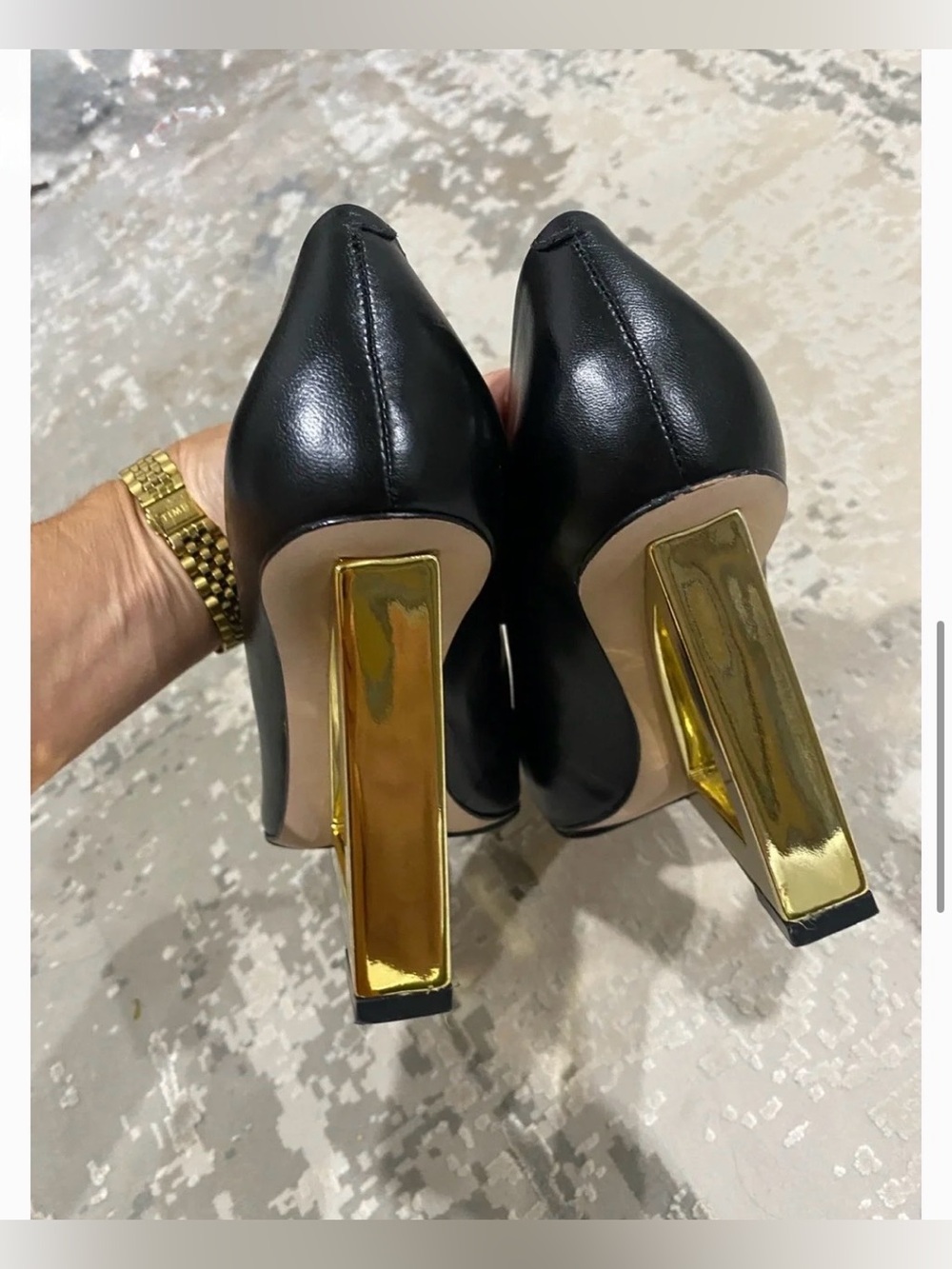 SCHUTZ Black Leather Pointed-Toe Pumps with Gold Geometric Heel - Picture 8 of 9